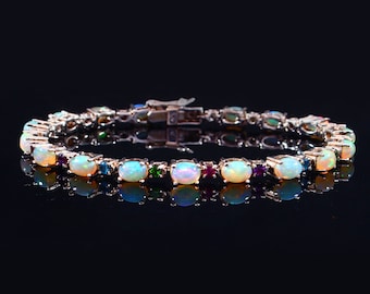 Sterling Silver Ethiopian Opal & Garnet Bracelet Sterling Silver Ethiopian Opal & Garnet Bracelet
