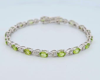 Natural Peridot Bracelet-925 Sterling Silver Bracelet-Hand Made Peridot Tennis Bracelet-Peridot Bracelet-Link Bracelet-August Birth Stone
