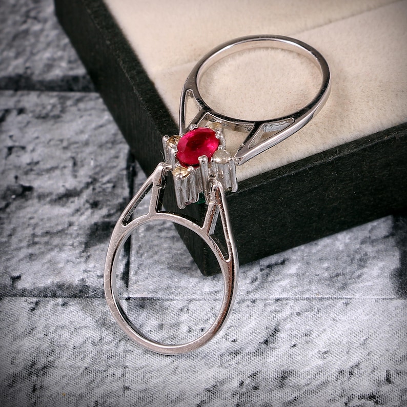 Natural Emerald Ruby Diamond Ring – Oval Cut Sterling Silver Reversible ...