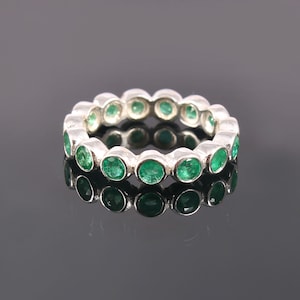 Natural Zambian Emerald Band Ring-Round Cut-May Birthstone-925 Sterling Silver-Vivid Green Band-Eternity Band Ring-Bezel Set Full Band Ring