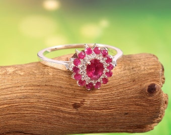 Natural Ruby-Diamond Ring-Oval Cut Ruby-Engagement Ring-14k White Gold - July Birthstone-Stone jewelry-Elegant Design Ruby Ring