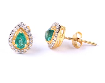 Natural Zambian Emerald Stud Earrings-Diamond Accents-Pear Cut-925 Sterling Silver-May Birthstone-Halo Studs