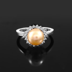 8mm South Sea Golden Pearl-Moissanite  Ring- 4.80ct Round Cabochon-Elegant Pearl Ring-June Birthstone-Engagement Ring-925 Sterling Silver