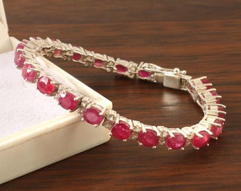 Pulsera de rubí natural y topacio blanco de corte ovalado, hecha a mano, plata de ley 925, pulsera de tenis, piedra natal de julio.