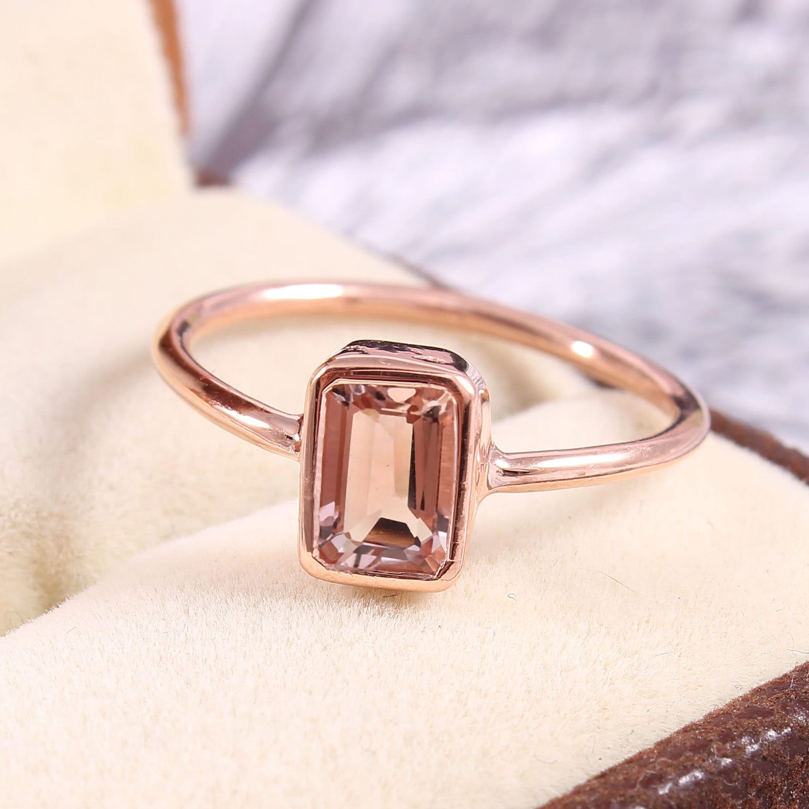 Emerald Cut Natural Morganite Ring, 925 Sterling Silver, Rose Gold Plated