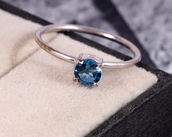 Natural London Blue Topaz Ring-Brilliant Round Cut Gemstone-925Sterling Silver Jewlry-December Birthstone-Simple Stone Ring-Round Prong Ring
