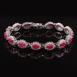Natural Ruby Bracelet-Engagement Ruby Bracelet-Oval Cut Ruby-925 Sterling Silver-July Birthstone-Halo Tennis Bracelet-Flower Ruby Bracelet