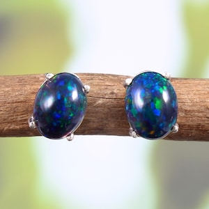 9x7mm Natural Black Opal Studs-Oval Cabochon Studs-Amazing Colorful Fire Opal- October Birthstone- 925 Sterling Silver-Hand Made Jewelry