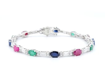Natural Emerald Ruby Sapphire Bracelet-925 Sterling Silver-Multi Stone Tennis Bracelet-Oval Cut-Chain Bracelet-Prong Set