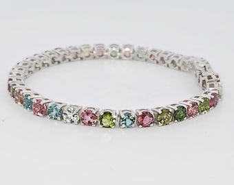 Natural 4.5mm Round Multi Tourmaline Bracelet-October Birthstone-Link-Tennis Bracelet-925 Silver Jewelry-Chain Bracelet