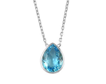 Natural Swiss Blue Topaz Pendant Necklace-Pear Cut-7ct Stone-925 Sterling Silver-December Birthstone-Topaz Pendant With Chain