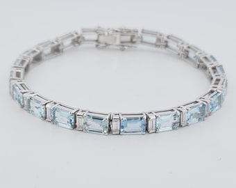 7x5mmAquamarine Bracelet-Natural Emerald Cut Aquamarine Tennis Bracelet-Brilliant Aquamarine-925 Silver-Engagement Bracelet-March Birthstone
