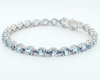 Natural Aquamarine-Blue Sapphire Bracelet-5mm Round Cut-Tennis Bracelet-925 Sterling Silver-Engagement Bracelet-March Birthstone