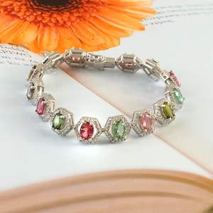 Natural Multi Tourmaline Bracelet-October Birthstone-Link Bracelet-Tourmaline Tennis Bracelet-925 Sterling Silver Bracelet-Chain Bracelet