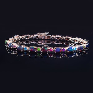 Natural Ethiopian Black Opal Bracelet-Oval Cabochon Opal-Apatite,Garnet,Amethyst,Tsavorite,Opal Bracelet-Wedding Tennis Bracelet- 925 Silver