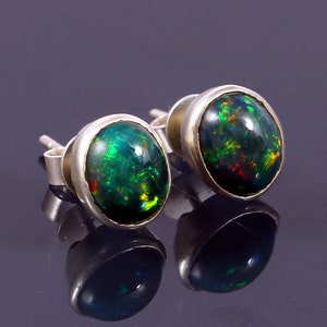 Elegant Design Natural Ethiopian Black Opal Stud Earrings-Amazing Oval Cabochon Colorful Fire Opal-October Birthstone -925 Sterling Silver
