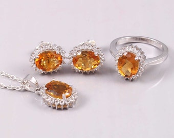 Natural Citrine Pendant-Studs-Ring Set-Oval Cut-925 Sterling Silver-Wedding Jewelry Set-November Birthstone 4 Piece Set