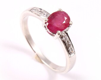 Anel de rubi natural com diamante, lapidação oval, anel de noivado, anel de rubi genuíno, rubi de boa qualidade, pedra de nascimento de julho, joias com pedras, anel elegante