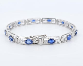 Natural Royal Blue Kyanite-White TopazBracelet-Oval Cut -Engagement Bracelet-Kyanite Chain Bracelet-925 Sterling Silver-Handmade Jewelry