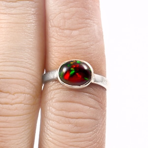 Natural Ethiopian Black Opal Ring-Oval Cabochon-925 Sterling Silver-Amazing Colorful Fire Opal Ring-October Birthstone-Stackable Opal Ring