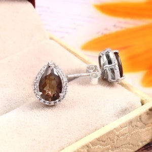 Natural Smoky Quartz-Moissanite Diamond Stud Earring-Pear Cut-925 Sterling Silver-Smoky Quartz Jewelry-Gift For Her-Smoky Quartz Halo Studs