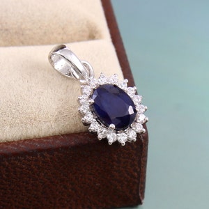 Natural Blue Sapphire & Diamond Pendant-925 Sterling Silver Necklace-July Birthstone-prong Set-Gift For Her