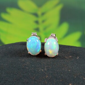 Natural Ethiopian White Opal Stud Earrings-Colorful Fire Opal Stud-October Birthstone-925 Sterling Silver-Mother's Day Gift-Simple Opal Stud