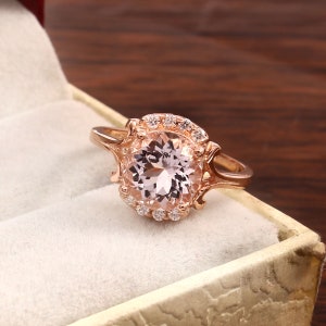 Bague morganite rose naturelle - bague morganite coupe ronde - bague morganite d&#39;éternité en argent sterling 925 - pierre de naissance de novembre - bague halo morganite