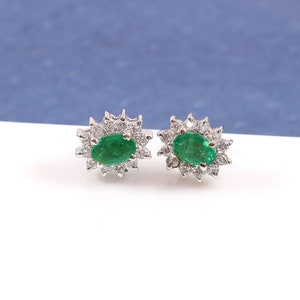 Natural Zambian Emerald Stud Earring-Oval Cut-925 Sterling Silver-May Birthstone-Emerald Flower Stud-Zambian Emerald Stud -Emerald Halo Stud