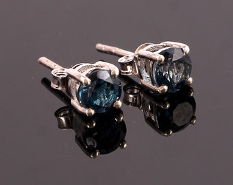 London Blue Topaz Stud Earrings – Round Cut Sterling Silver, November Birthstone