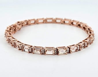 Natural Morganite Bracelet-Brilliant Emerald Cut Bracelet-925 Sterling Silver-Morganite Tennis Bracelet-Silver Jewelry-Engagement Bracelet