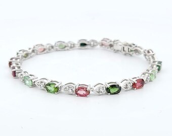Natural Multi Tourmaline Bracelet-White Topaz Accents-Oval Cut-925 Sterling Silver-Tennis Bracelet-October Birthstone-Prong Set