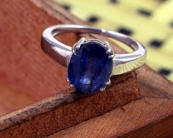 Natural Royal Blue Kyanite Ring-Oval Cut-925 Sterling Silver-Simple Promise Ring-February Birthstone-Double Prong Set Ring-Big Kyanite Ring