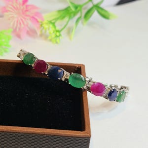 Natural Emerald, Ruby & Blue Sapphire Bracelet, Oval Cut, 925 Sterling Silver