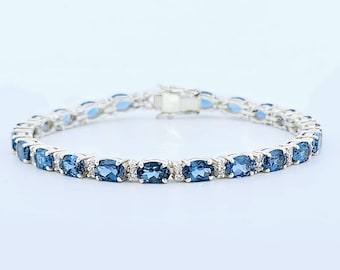Natural London Blue Topaz Bracelet - Sterling Silver - Tennis Bracelet - Oval Cut Stone