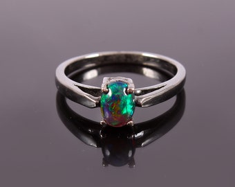 Natural Ethiopian Black Opal Ring-Oval Cabochon-Black Fire Opal Ring-925 Silver-October Birthstone Ring-Opal Ring