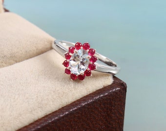 Natural Aquamarine with Burmese Ruby Ring-Brilliant Oval-Round Cut-Good Quality Stone Jewelry-925 Sterling Silver-Halo Ring-Engagement Ring