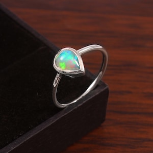 Natural Ethiopian Opal Ring-Pear Cabochon Opal-925 Sterling Silver-October Birthstone-Multi Fire Opal Ring-Bezel Set Ring