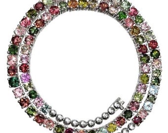 Natural Multi Tourmaline Necklace-Round Cut-925 Sterling Silver-Tennis Bracelet-October Birthstone-Prong Set