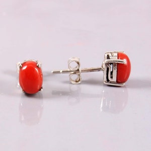 Natural Red Coral Stud Earring-Oval Cabochon Coral Stud-925 Sterling Silver Jewlry-Simple Coral Studs-October Birthstone Stud-Push Back Stud