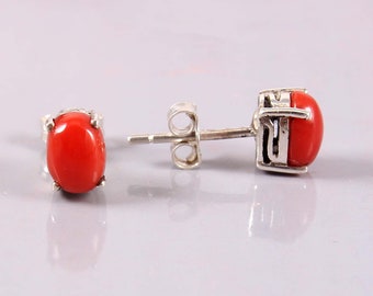 Natural Red Coral Sterling Silver Stud Earrings, October Birthstone