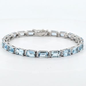 Pulsera de aguamarina - Pulsera de tenis de aguamarina natural de corte esmeralda - Aguamarina brillante - Plata 925 - Pulsera de compromiso - Piedra natal de marzo