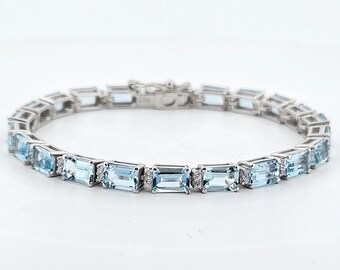 Aquamarine Bracelet-Natural Emerald Cut Aquamarine Tennis Bracelet- Brilliant Aquamarine-925 Silver-Engagement Bracelet-March Birthstone