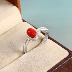 Natural Red Coral Ring-Oval Cabochon Coral-925 Sterling Silver-Simple Coral Ring-Fine Silver Ring-Daily Wear Ring-October Birthstone Ring