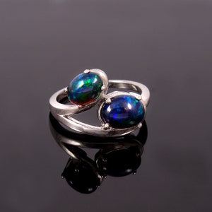 Natural Ethiopian Black Fire Opal Ring-Oval Cabochon-925 Sterling Silver-October Birthstone-Prong Set-Two Stone Ring