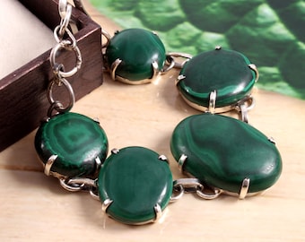 Natural Malachite Bracelet-925 Oxidised Silver Bracelet-Malachite Jewelry-Simple Malachite Bracelet-Malachite Round-Oval Cabochon Bracelet