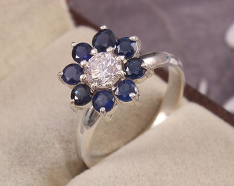 Natural Blue Sapphire Ring-Diamond Cut -Wedding Ring-Blue Sapphire Flower Ring-September Birthstone-925 Sterling Silver-Sapphire Halo Ring