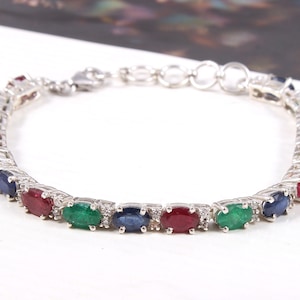 Natural Emerald Ruby Sapphire Bracelet-925 Sterling Silver-Multi Stone Tennis Bracelet-Oval Cut-Chain Bracelet-Prong Set