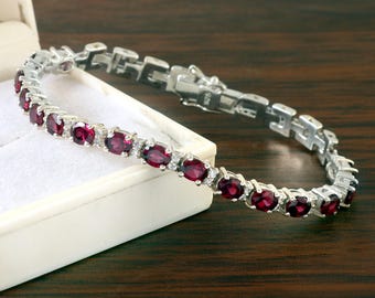 Natural Rhodolite Garnet Bracelet-Oval Cut Rhodolite Garnet Bracelet-925 Sterling Silver-Rhodolite Garnet Tennis Bracelet-January Birthstone