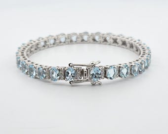 Natural Aquamarine Tennis Bracelet-White Topaz Accents-Oval Cut-925 Sterling Silver-March Birthstone-Prong Set-Chain Bracelet